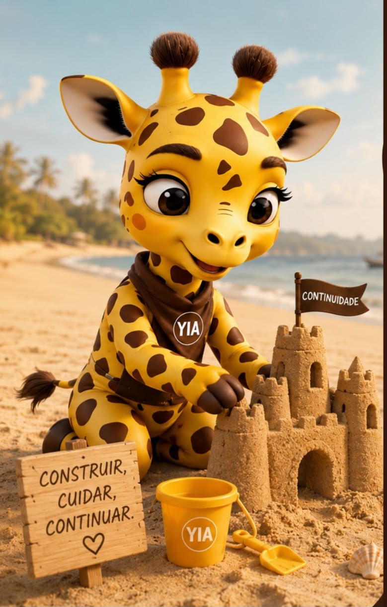 Mascote girafa da You In Africa construindo um castelo de areia